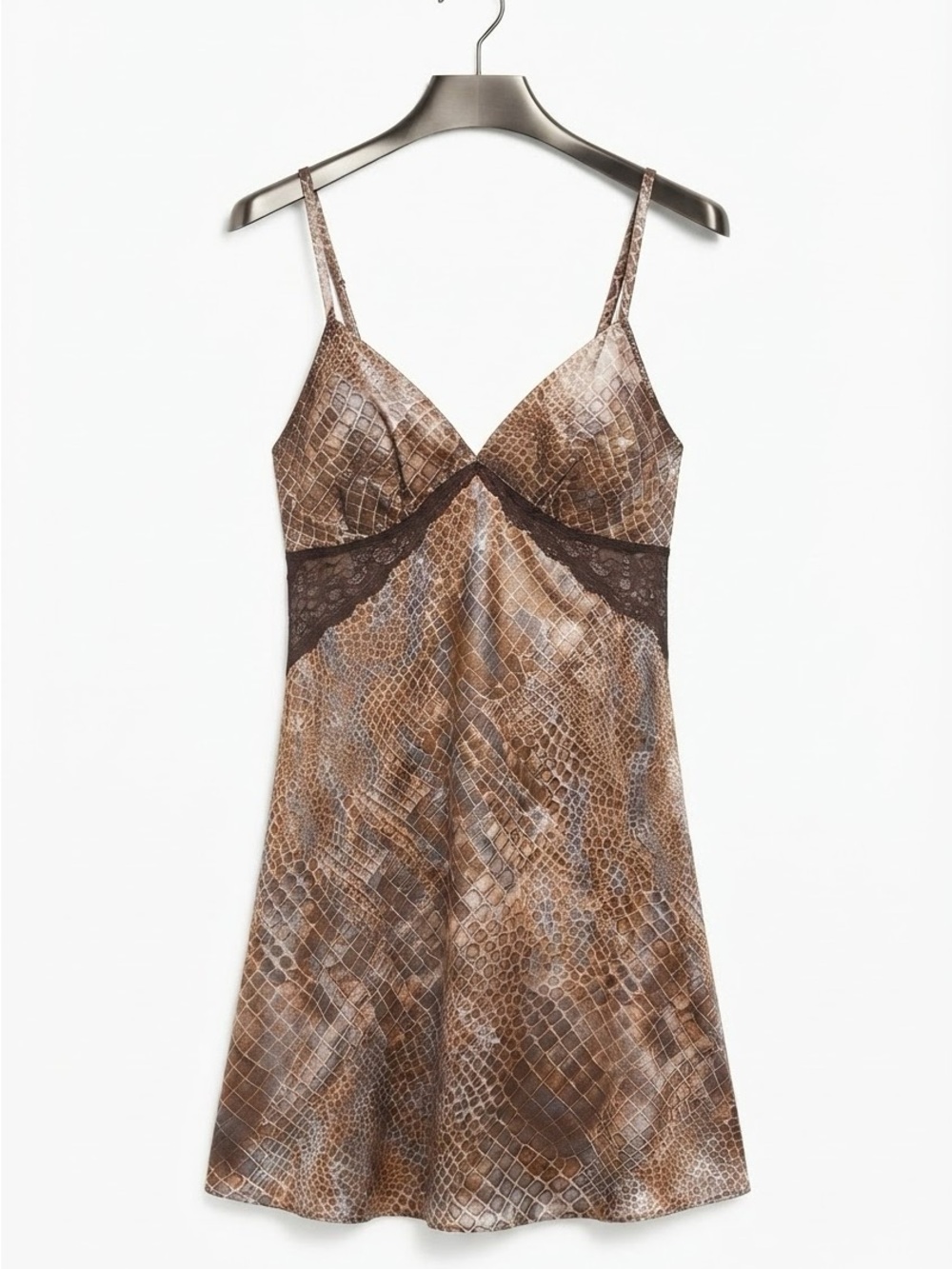 Jones New York Brown Snake-Print Satin Slip with Lace Insets